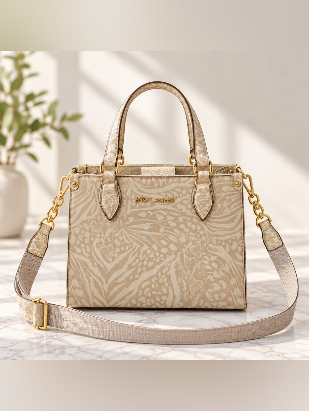 Betsey Johnson Beige Animal Print Satchel Crossbody Tote Bag